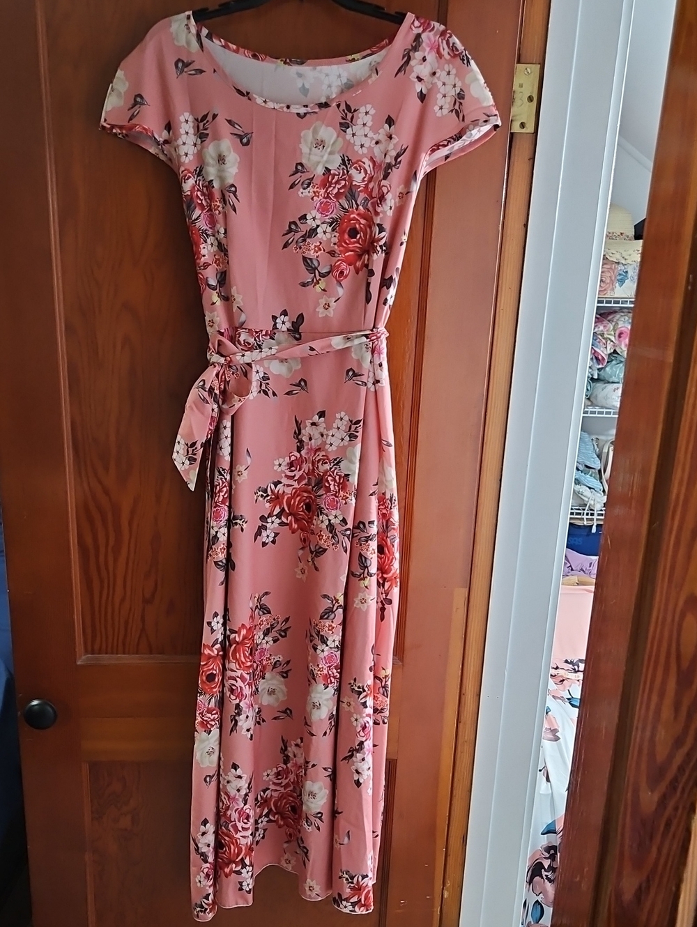 SHEIN Pink Floral Short Sleeve Summer Dress Flowers Cinched Waist & Belt Size XL